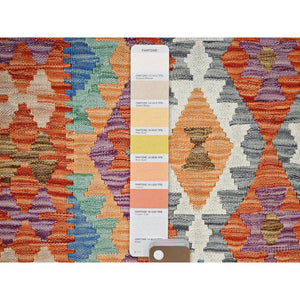 4'x6'3" Vivid Orange, Hand Woven, Flat Weave, Afghan Kilim With Colorful Geometric Pattern, Vegetable Dyes, Pure Wool, Reversible, Oriental Rug FWR7158