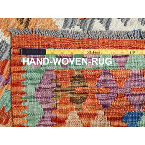 4'x6'3" Vivid Orange, Hand Woven, Flat Weave, Afghan Kilim With Colorful Geometric Pattern, Vegetable Dyes, Pure Wool, Reversible, Oriental Rug FWR7158