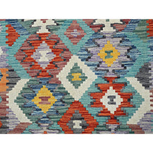 Load image into Gallery viewer, 4&#39;x5&#39;10&quot; Sapphire Blue, Afghan Kilim With Colorful Geometric Pattern, Vegetable Dyes, Pure Wool, Hand Woven, Flat Weave, Reversible, Oriental Rug FWR7164
