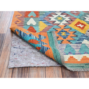 4'x5'10" Sapphire Blue, Afghan Kilim With Colorful Geometric Pattern, Vegetable Dyes, Pure Wool, Hand Woven, Flat Weave, Reversible, Oriental Rug FWR7164