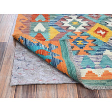 Load image into Gallery viewer, 4&#39;x5&#39;10&quot; Sapphire Blue, Afghan Kilim With Colorful Geometric Pattern, Vegetable Dyes, Pure Wool, Hand Woven, Flat Weave, Reversible, Oriental Rug FWR7164
