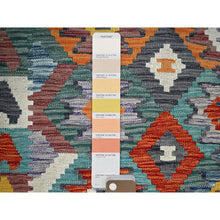 Load image into Gallery viewer, 4&#39;x5&#39;10&quot; Sapphire Blue, Afghan Kilim With Colorful Geometric Pattern, Vegetable Dyes, Pure Wool, Hand Woven, Flat Weave, Reversible, Oriental Rug FWR7164