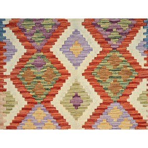 4'2"x5'9" Parchment White, Flat Weave, Afghan Kilim With Colorful Geometric Pattern, Vegetable Dyes, Pure Wool, Hand Woven, Reversible, Oriental Rug FWR7170