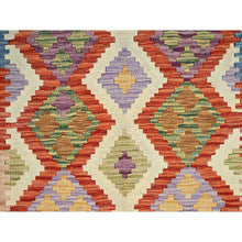 Load image into Gallery viewer, 4&#39;2&quot;x5&#39;9&quot; Parchment White, Flat Weave, Afghan Kilim With Colorful Geometric Pattern, Vegetable Dyes, Pure Wool, Hand Woven, Reversible, Oriental Rug FWR7170