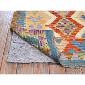 4'2"x5'9" Parchment White, Flat Weave, Afghan Kilim With Colorful Geometric Pattern, Vegetable Dyes, Pure Wool, Hand Woven, Reversible, Oriental Rug FWR7170