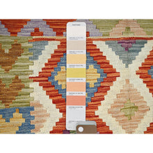 Load image into Gallery viewer, 4&#39;2&quot;x5&#39;9&quot; Parchment White, Flat Weave, Afghan Kilim With Colorful Geometric Pattern, Vegetable Dyes, Pure Wool, Hand Woven, Reversible, Oriental Rug FWR7170