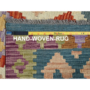4'2"x5'9" Parchment White, Flat Weave, Afghan Kilim With Colorful Geometric Pattern, Vegetable Dyes, Pure Wool, Hand Woven, Reversible, Oriental Rug FWR7170