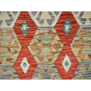 4'x5'3" Alabaster White, Afghan Kilim With Colorful Geometric Pattern, Vegetable Dyes, Pure Wool, Flat Weave, Hand Woven, Reversible, Oriental Rug FWR7176