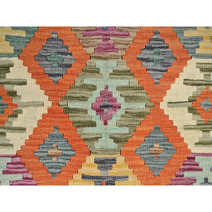4'x5'9" Colorful Afghan Kilim With Geometric Pattern, Vegetable Dyes, Pure Wool, Flat Weave, Hand Woven, Reversible, Oriental Rug FWR7188
