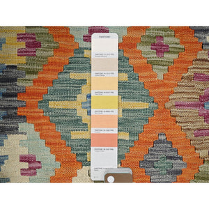4'x5'9" Colorful Afghan Kilim With Geometric Pattern, Vegetable Dyes, Pure Wool, Flat Weave, Hand Woven, Reversible, Oriental Rug FWR7188