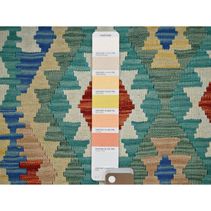5'x6'8" Sapphire Blue, Flat Weave, Afghan Kilim With Colorful Geometric Pattern, Vegetable Dyes, Pure Wool, Hand Woven, Reversible, Oriental Rug FWR7194