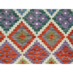5'x6'7" Alabaster White, Afghan Kilim With Geometric Pattern, Vegetable Dyes, Pure Wool, Flat Weave, Hand Woven, Reversible, Oriental Rug FWR7206