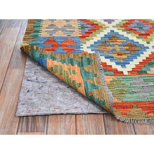 5'x6'7" Alabaster White, Afghan Kilim With Geometric Pattern, Vegetable Dyes, Pure Wool, Flat Weave, Hand Woven, Reversible, Oriental Rug FWR7206
