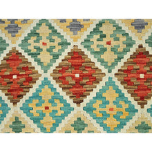 Load image into Gallery viewer, 4&#39;9&quot;x6&#39;7&quot; Linen White, Afghan Kilim With Colorful Geometric Pattern, Vegetable Dyes, Pure Wool, Flat Weave, Hand Woven, Reversible, Oriental Rug FWR7212