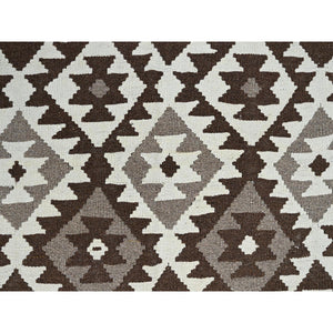 4'10"x6'6" Chocolate Brown, Afghan Kilim with Geometric Pattern, Undyed Natural Wool, Hand Woven, Flat Weave, Reversible, Oriental Rug FWR7272