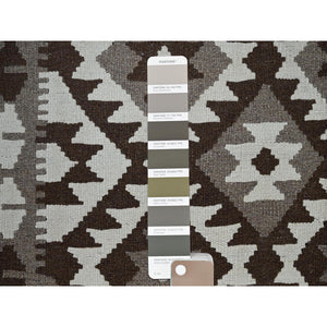 4'10"x6'6" Chocolate Brown, Afghan Kilim with Geometric Pattern, Undyed Natural Wool, Hand Woven, Flat Weave, Reversible, Oriental Rug FWR7272