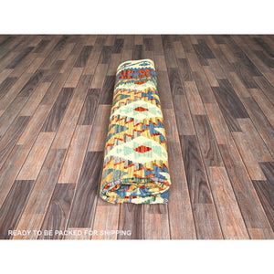 8'4"x11'5" Chiffon White, Flat Weave, Afghan Kilim With Colorful Geometric Pattern, Vegetable Dyes, Pure Wool, Hand Woven, Reversible, Oriental Rug FWR7302