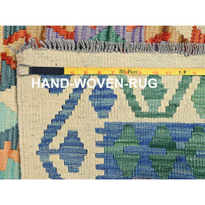 8'4"x11'5" Chiffon White, Flat Weave, Afghan Kilim With Colorful Geometric Pattern, Vegetable Dyes, Pure Wool, Hand Woven, Reversible, Oriental Rug FWR7302