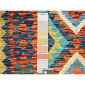 2'9"x12'9" Sapphire Blue, Flat Weave, Afghan Kilim With Colorful Geometric Pattern, Vegetable Dyes, Pure Wool, Hand Woven, Reversible, Runner, Oriental Rug FWR7362