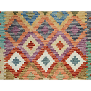2'8"x8' Colorful, Flat Weave, Afghan Kilim with Geometric Pattern, Vegetable Dyes, 100% Wool, Hand Woven, Reversible, Runner, Oriental Rug FWR7422