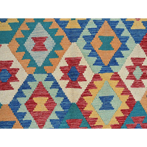 6'9"x9'8" Bayern Blue, Afghan Kilim with Colorful Geometric Pattern, Vegetable Dyes, Pure Wool, Hand Woven, Flat Weave, Reversible, Oriental Rug FWR7428