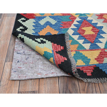 Load image into Gallery viewer, 6&#39;9&quot;x9&#39;8&quot; Bayern Blue, Afghan Kilim with Colorful Geometric Pattern, Vegetable Dyes, Pure Wool, Hand Woven, Flat Weave, Reversible, Oriental Rug FWR7428