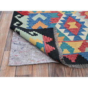 6'9"x9'8" Bayern Blue, Afghan Kilim with Colorful Geometric Pattern, Vegetable Dyes, Pure Wool, Hand Woven, Flat Weave, Reversible, Oriental Rug FWR7428