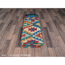 Load image into Gallery viewer, 6&#39;9&quot;x9&#39;8&quot; Bayern Blue, Afghan Kilim With Colorful Geometric Pattern, Vegetable Dyes, Pure Wool, Hand Woven, Flat Weave, Reversible, Oriental Rug FWR7428