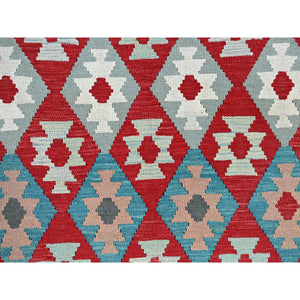 8'10"x11'8" Crimson Red, Afghan Kilim With Colorful Geometric Pattern, Vegetable Dyes, Pure Wool, Hand Woven, Flat Weave, Reversible, Oriental Rug FWR7464