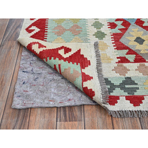 8'10"x11'8" Crimson Red, Afghan Kilim With Colorful Geometric Pattern, Vegetable Dyes, Pure Wool, Hand Woven, Flat Weave, Reversible, Oriental Rug FWR7464