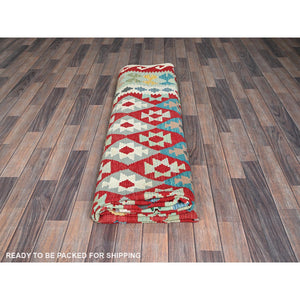 8'10"x11'8" Crimson Red, Afghan Kilim With Colorful Geometric Pattern, Vegetable Dyes, Pure Wool, Hand Woven, Flat Weave, Reversible, Oriental Rug FWR7464