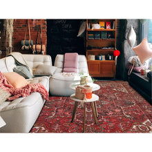 Load image into Gallery viewer, 8&#39;6&#39;x11&#39;4&quot; Cherry Red, Vintage Persian Heriz With Geometric Medallion Design, 100% Wool, Hand Knotted, Even Wear, Shaved Down, Good Condition, Sides And Ends Professionally Secured, Oriental Rug FWR7500