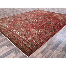 Load image into Gallery viewer, 8&#39;6&#39;x11&#39;4&quot; Cherry Red, Vintage Persian Heriz With Geometric Medallion Design, 100% Wool, Hand Knotted, Even Wear, Shaved Down, Good Condition, Sides And Ends Professionally Secured, Oriental Rug FWR7500