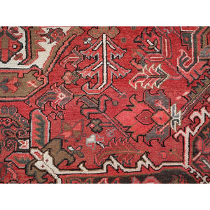 8'6'x11'4" Cherry Red, Vintage Persian Heriz With Geometric Medallion Design, 100% Wool, Hand Knotted, Even Wear, Shaved Down, Good Condition, Sides And Ends Professionally Secured, Oriental Rug FWR7500