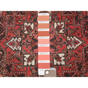 8'6'x11'4" Cherry Red, Vintage Persian Heriz With Geometric Medallion Design, 100% Wool, Hand Knotted, Even Wear, Shaved Down, Good Condition, Sides And Ends Professionally Secured, Oriental Rug FWR7500