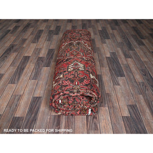 8'6'x11'4" Cherry Red, Vintage Persian Heriz With Geometric Medallion Design, 100% Wool, Hand Knotted, Even Wear, Shaved Down, Good Condition, Sides And Ends Professionally Secured, Oriental Rug FWR7500