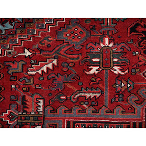 8'x10'10" Scarlet Red, Vintage Persian Heriz With Large Medallion Design, 100% Wool, Rustic Look, Even Wear, Cropped Thin, Good Condition, Sides And Ends Professionally Secured, Oriental Rug FWR7506