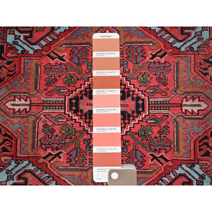 8'x10'10" Scarlet Red, Vintage Persian Heriz With Large Medallion Design, 100% Wool, Rustic Look, Even Wear, Cropped Thin, Good Condition, Sides And Ends Professionally Secured, Oriental Rug FWR7506