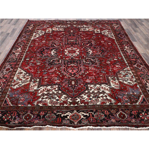 8'x9'2" Ruby Red, Vintage Persian Heriz with Large Medallion Design, 100% Wool, Hand Knotted, Evenly Worn, Shaved Down, Good Condition, Sides and Ends Professionally Secured, Squarish, Oriental Rug FWR7518