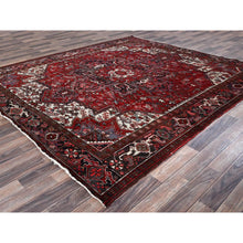 Load image into Gallery viewer, 8&#39;x9&#39;2&quot; Ruby Red, Vintage Persian Heriz with Large Medallion Design, 100% Wool, Hand Knotted, Evenly Worn, Shaved Down, Good Condition, Sides and Ends Professionally Secured, Squarish, Oriental Rug FWR7518