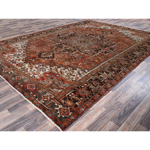 8'4"x11'4" Rust Red, Vintage Persian Heriz With Geometric Medallion Design, 100% Wool, Hand Knotted, Even Wear, Cropped Thin, Good Condition, Sides And Ends Professionally Secured, Oriental Rug FWR7524