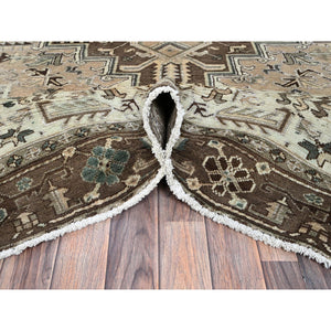 7'9"x10'3" Dark Vanilla Brown, Vintage Persian Heriz With Geometric Medallion Design, Pure Wool, Hand Knotted, Evenly Worn, Cropped Thin, Good Condition, Sides And Ends Professionally Secured, Oriental Rug FWR7536