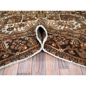 7'6"x10'2" Tawny Brown, Vintage Persian Heriz With Geometric Medallion Design, Pure Wool, Hand Knotted, Evenly Worn, Shaved Down, Good Condition, Sides And Ends Professionally Secured, Oriental Rug FWR7548