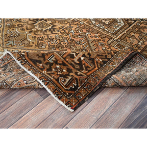 7'6"x10'2" Tawny Brown, Vintage Persian Heriz With Geometric Medallion Design, Pure Wool, Hand Knotted, Evenly Worn, Shaved Down, Good Condition, Sides And Ends Professionally Secured, Oriental Rug FWR7548