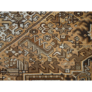 7'6"x10'2" Tawny Brown, Vintage Persian Heriz With Geometric Medallion Design, Pure Wool, Hand Knotted, Evenly Worn, Shaved Down, Good Condition, Sides And Ends Professionally Secured, Oriental Rug FWR7548