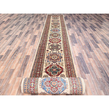 Load image into Gallery viewer, 2&#39;8&quot;x35&#39;3&quot; Pistachio Shell Beige, Multiple Border, Organic Wool Densely Woven Colorful Geometric Medallions Afghan Super Kazak Natural Dyes Hand Knotted Xxl Oriental Runner Rug FWR750