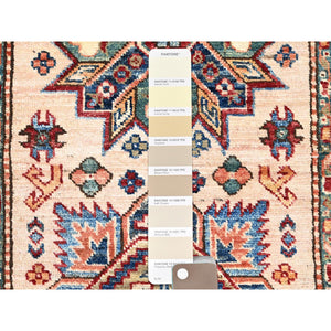 2'8"x35'3" Pistachio Shell Beige, Multiple Border, Organic Wool Densely Woven Colorful Geometric Medallions Afghan Super Kazak Natural Dyes Hand Knotted Xxl Oriental Runner Rug FWR750