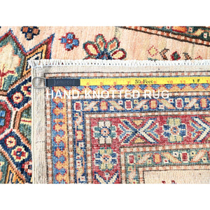 2'8"x35'3" Pistachio Shell Beige, Multiple Border, Organic Wool Densely Woven Colorful Geometric Medallions Afghan Super Kazak Natural Dyes Hand Knotted Xxl Oriental Runner Rug FWR750