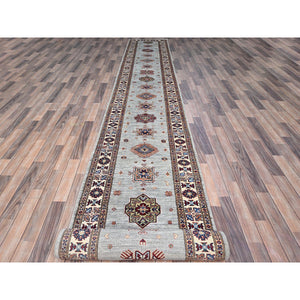 2'11"x22'7" Puritan Gray, Denser Weave, Oversized, Smooth And Shiny Wool, Colorful Tribal Elements All Over, Natural Dyes, Afghan Hand Knotted Super Kazak Oriental Runner Rug FWR756