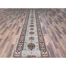 Load image into Gallery viewer, 2&#39;11&quot;x22&#39;7&quot; Puritan Gray, Denser Weave, Oversized, Smooth And Shiny Wool, Colorful Tribal Elements All Over, Natural Dyes, Afghan Hand Knotted Super Kazak Oriental Runner Rug FWR756